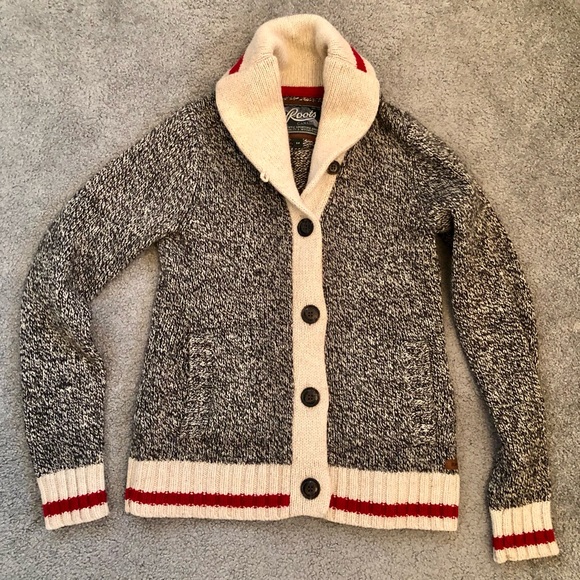 Roots Canada Heritage Cabin shawl collar sweater cardigan S Small wool grey mix - Picture 2 of 6